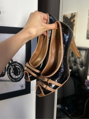 Black Patent Open-Toe Heels with Tan Trim
